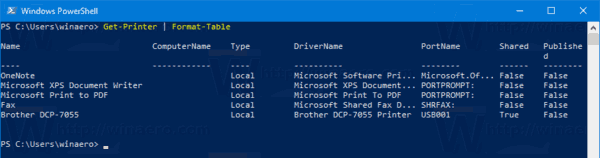 Impresoras instaladas en la lista de Windows 10 PowerShell