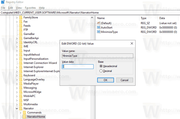 Windows 10 Narrator Home Minimize To Registry Tweak