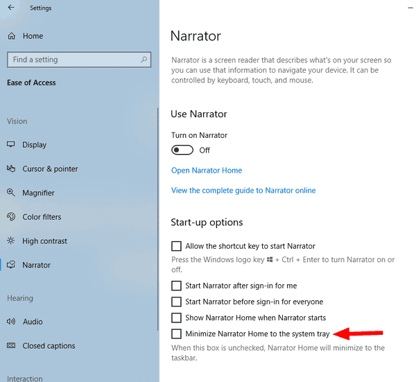 Windows 10 Narrator Home Minimize To Taskbar