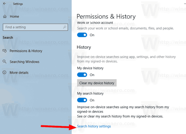 Ссылка на настройки истории поиска Windows 10