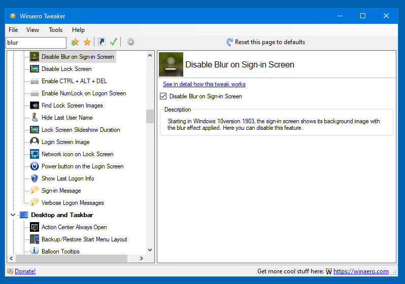 Winaero Tweaker Disable Blur Login Screen