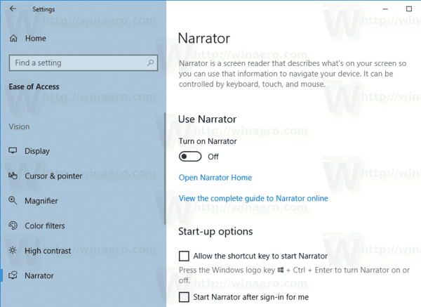 Windows 10 1903 Narrator Page