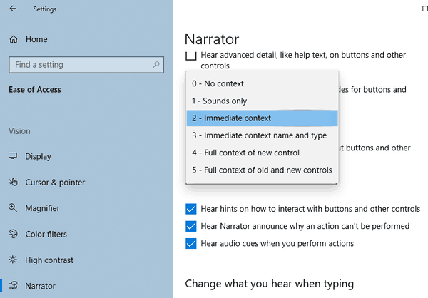 Windows 10: изменение контекста экранного диктора, уровень 2
