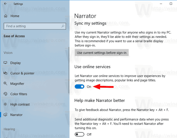 Windows 10 Отключение онлайн-служб для экранного диктора