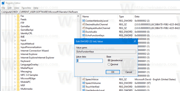Announce Function Keys Narrator In Windows 10 Reg