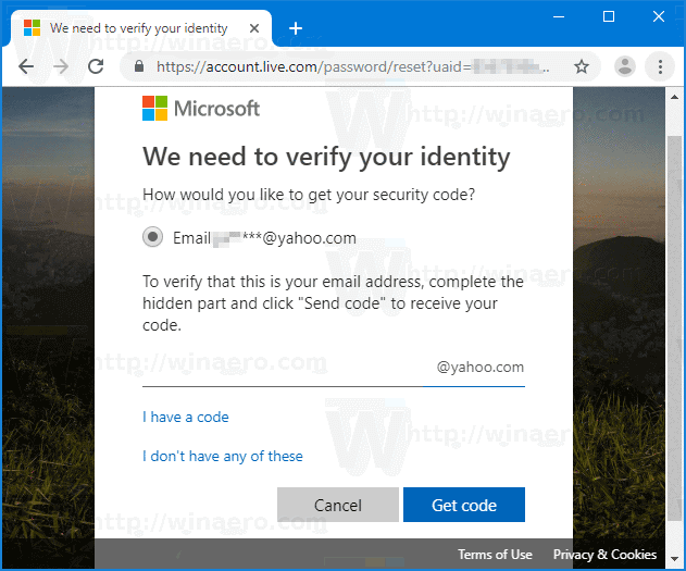 Код сброса пароля Microsoft