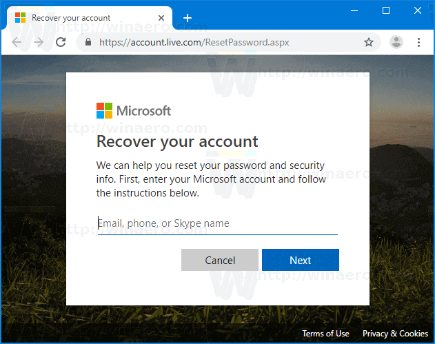 Microsoft Password Reset Page