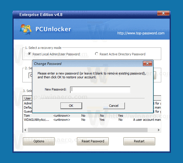 Диалог нового пароля PCUnlocker