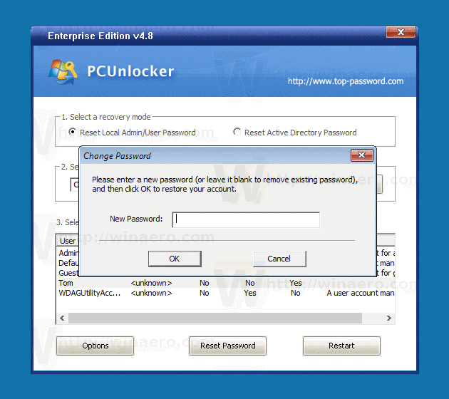 PCUnlocker New Password Dialog