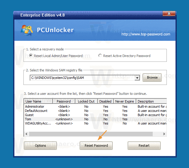 PCUnlocker Reset Password Button