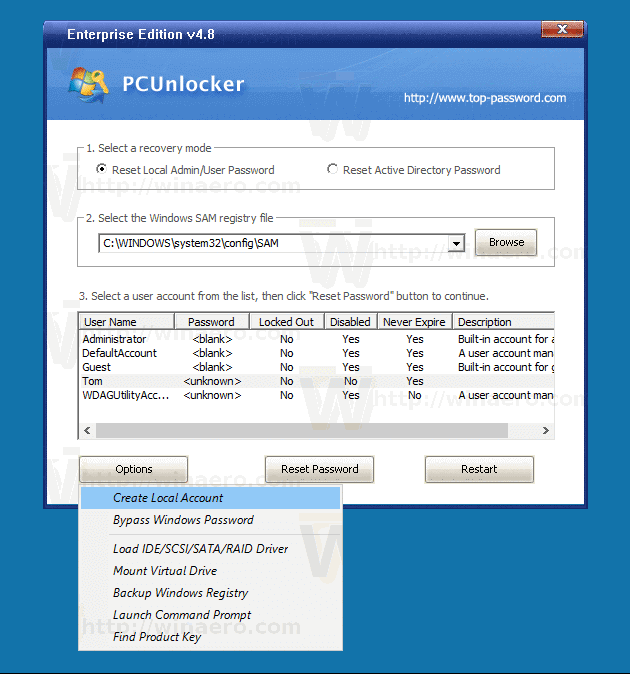 PCUnlocker Extra Options