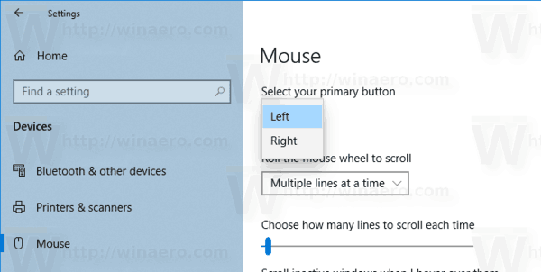 Windows 10 Изменить основную кнопку мыши