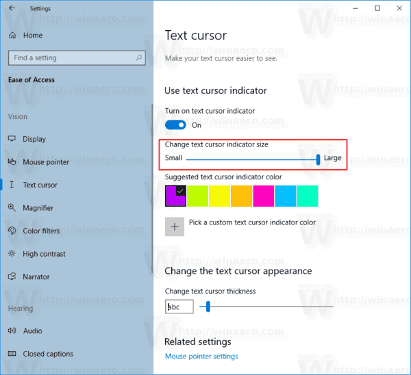 Windows 10 изменить размер индикатора текстового курсора в Windows 10