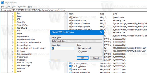 Windows 10 Narrator Disable Toggle Keys Tweak