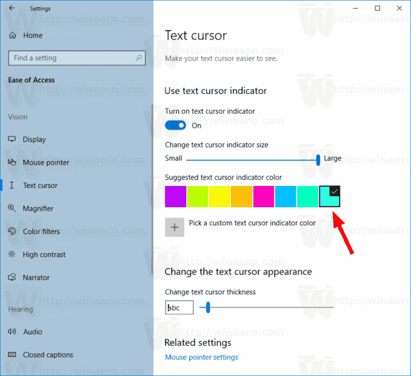 how do i change the color of the cursor in windows 10