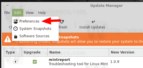 Настройки редактирования Mint Update Manager