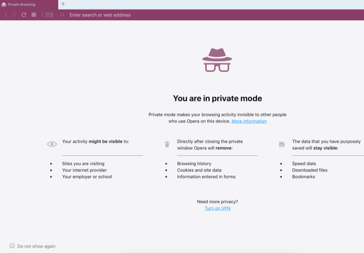 Opera Private Mode Home Page