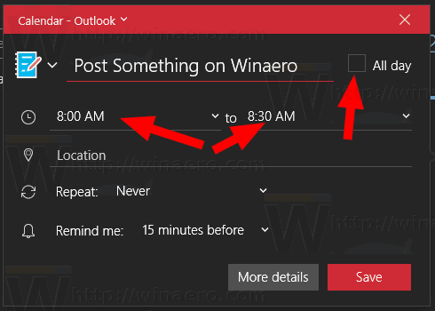 Windows 10 Calendar App Event Times