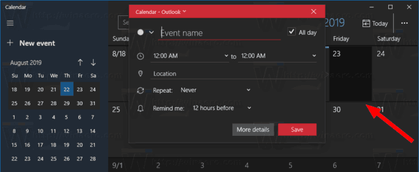 Windows 10 Calendar App New Event