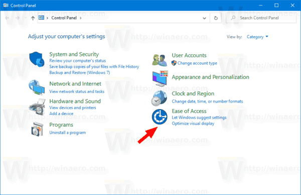 Значок легкости доступа на панели управления Windows 10