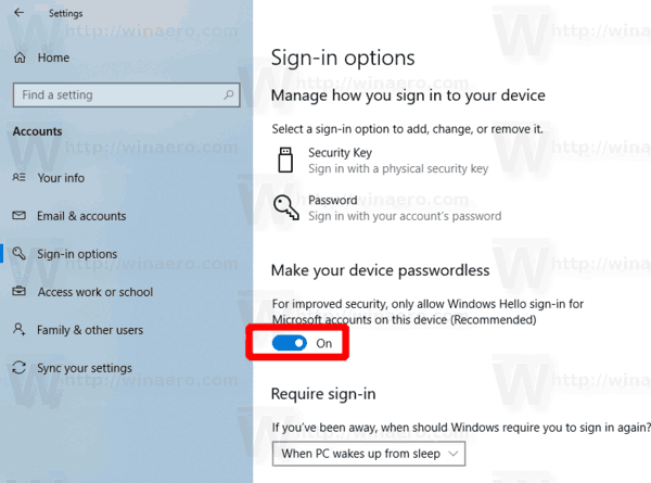 Windows 10 Enable Passwordless Sign In