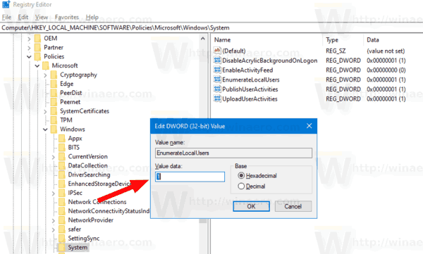 Windows 10 Включить настройку отображения локальных пользователей на экране входа в систему