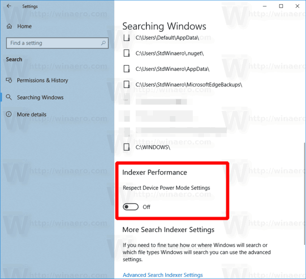Индексатор поиска Windows 10 соблюдает расширенный режим