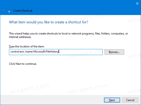 Создать ярлык 1 для истории файлов Windows 10