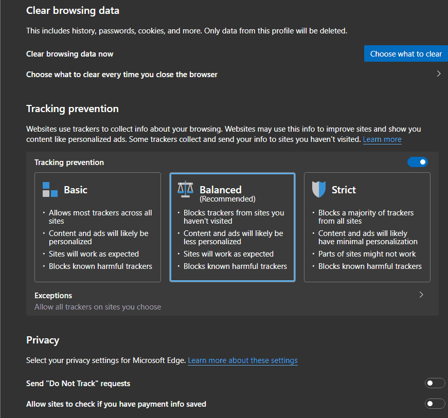 Edge Chromium Tracking Preventions