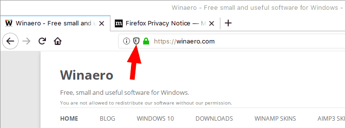 Значок щита блокировки содержимого Firefox