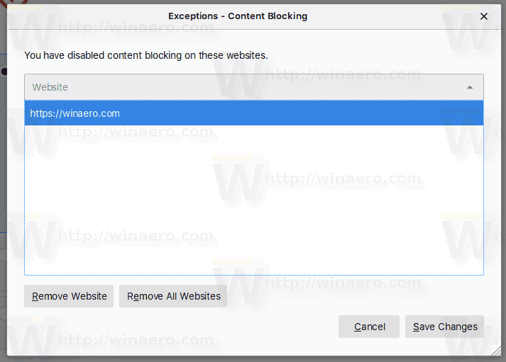 Firefox Управление исключениями для блокировки содержимого