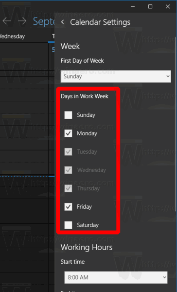Windows 10 Calendar Specify Work Week Days