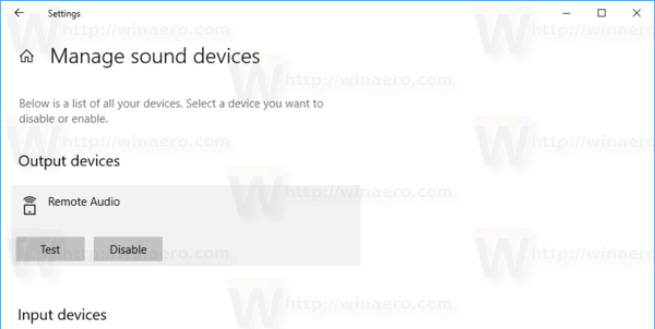 Windows 10 Manage Sound Devices Page