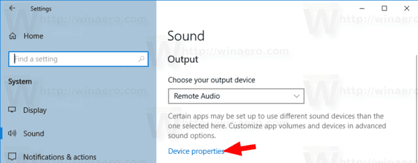 Ссылка на свойства звукового устройства Windows 10