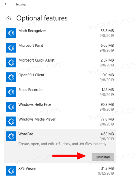 Windows 10 Uninstall Wordpad