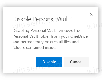 OneDrive Confirm Disable Personal Vault
