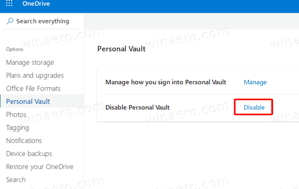 OneDrive Disable Personal Vault