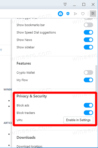 Opera 64 Tracker Blocking Options