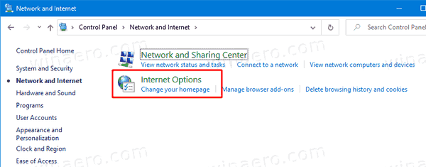 Windows 10 Control Panel Network Options