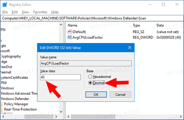 Windows 10 Defender Change Max CPU Usage Registry Tweak