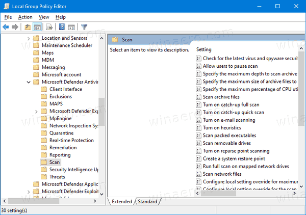 Групповая политика сканирования Защитника Windows 10