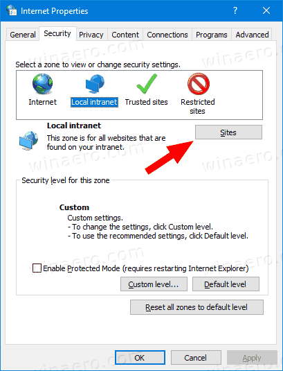 Windows 10 Internet Properties Security Tab Sites Button