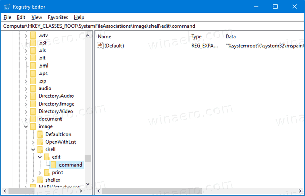 Команда редактирования изображения Windows 10 Paint в реестре