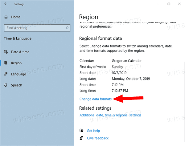 Windows 10 Settings Region Change Data Formats Link