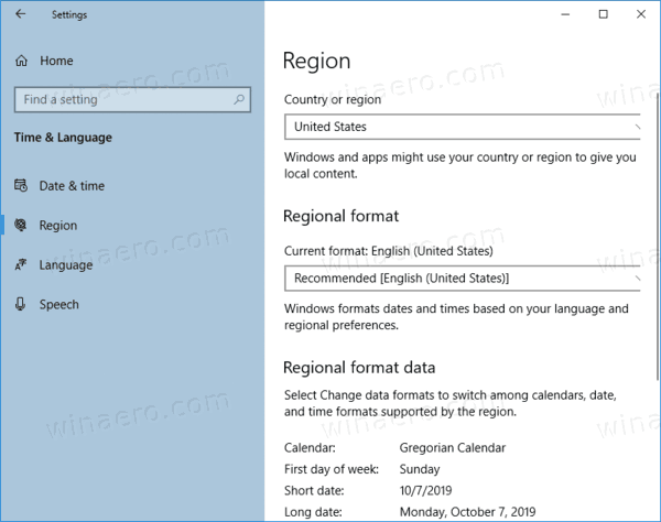 Windows 10 Settings Region Page
