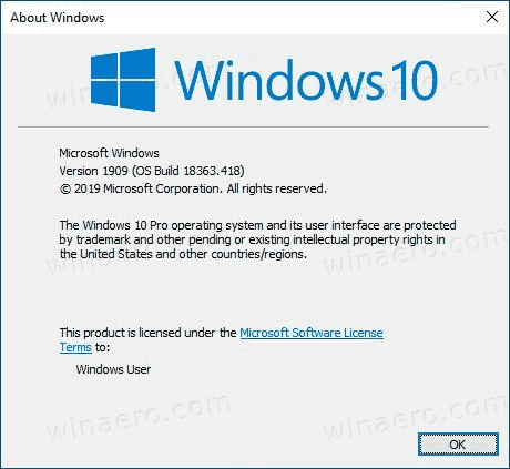 Версия Windows 10 1909 18363.418 Winver