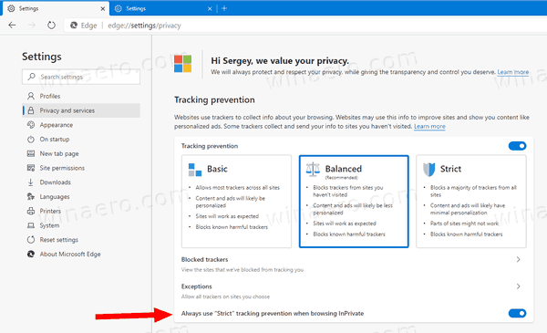 Enable Strict Tracking Prevention For InPrivate In Edge