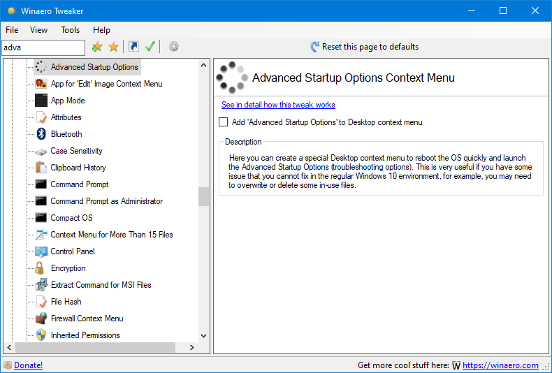 Tweaker 0.16 Advanced Startup Options