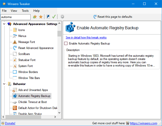 Tweaker 0.16 Automatic Registry Backup