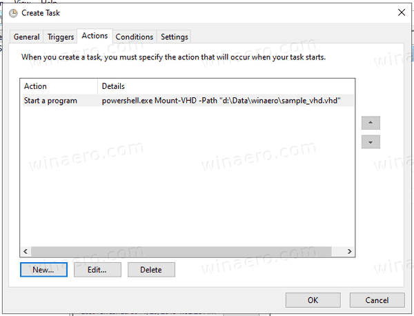 Создано действие задачи Windows 10 Automount VHD